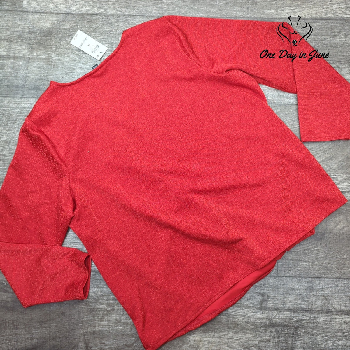 Alfani Plus Size Metallic Shimmer V Neck Long Sleeve Top Real Red NWT Size 1X