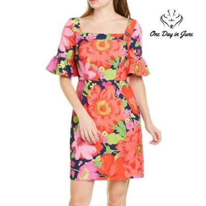 Trina Turk Kanan Poppy Indigo Floral Ruffle Sleeve Shift Dress NWT Size 4