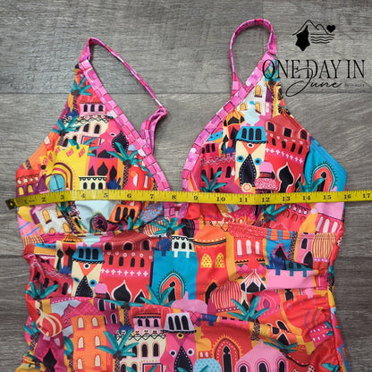 Sporlike Castle Print V Neck Ruched Tummy Control One Piece Swimsuit NWT Size L