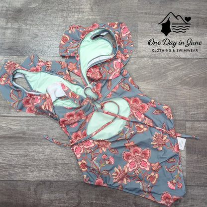 Cupshe Floral Tie Back Ruffle Shoulder One Piece Swimsuit Size M