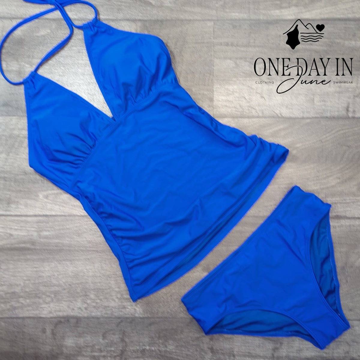 Yonique Halter Tankini Swimsuit Royal Blue Ruched Two Piece NWT Size S