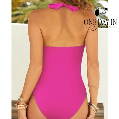 Suuksess Cross Front Halter One Piece Swimsuit Hot Pink Ruched Size M
