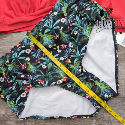Hanna Nikole Bikini Swimsuit Coral Tropical Floral High Waist Tie NWT Size XL