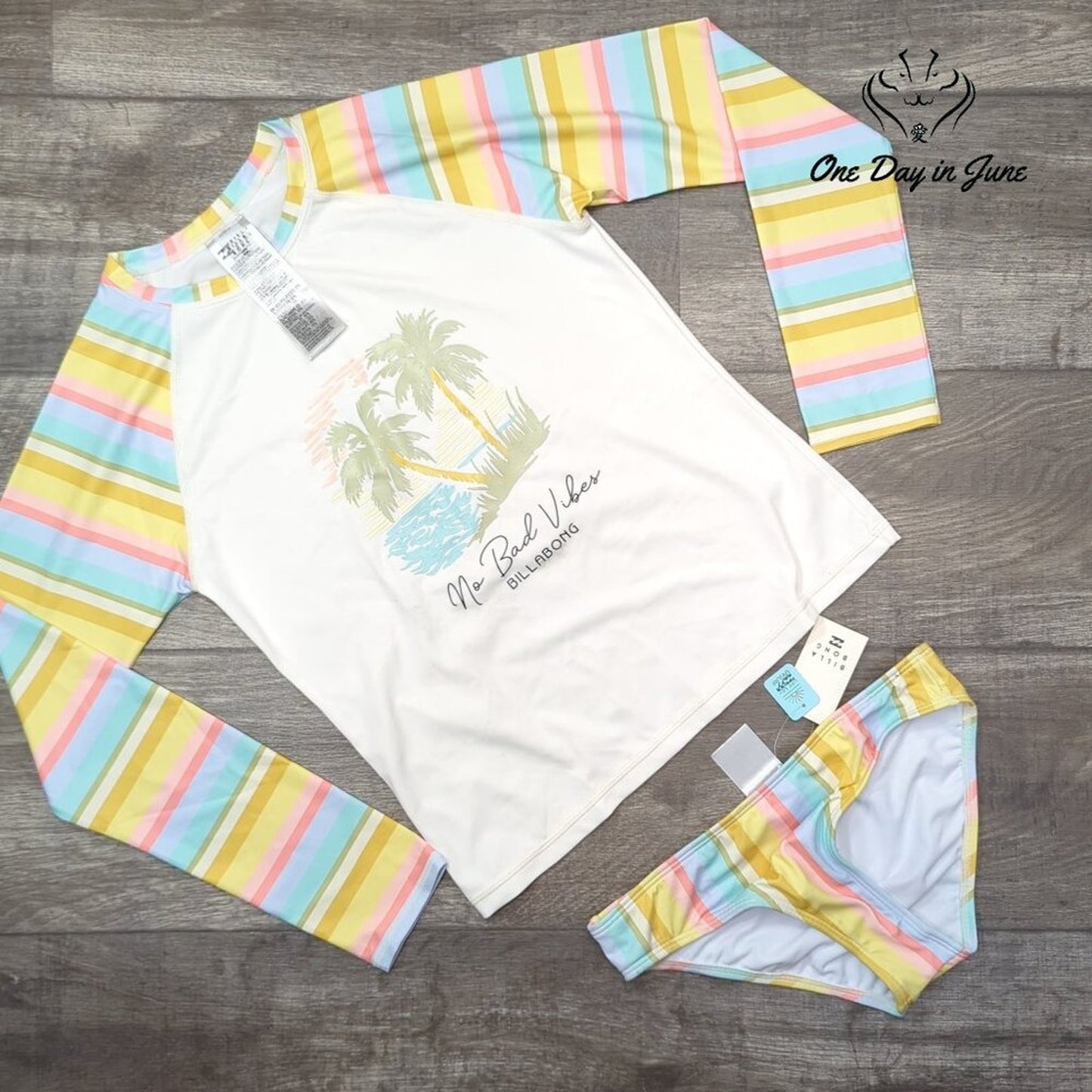 Billabong Stoked On Sun Rash Guard Girls Long Sleeve Striped NWT $65.95 Size 14