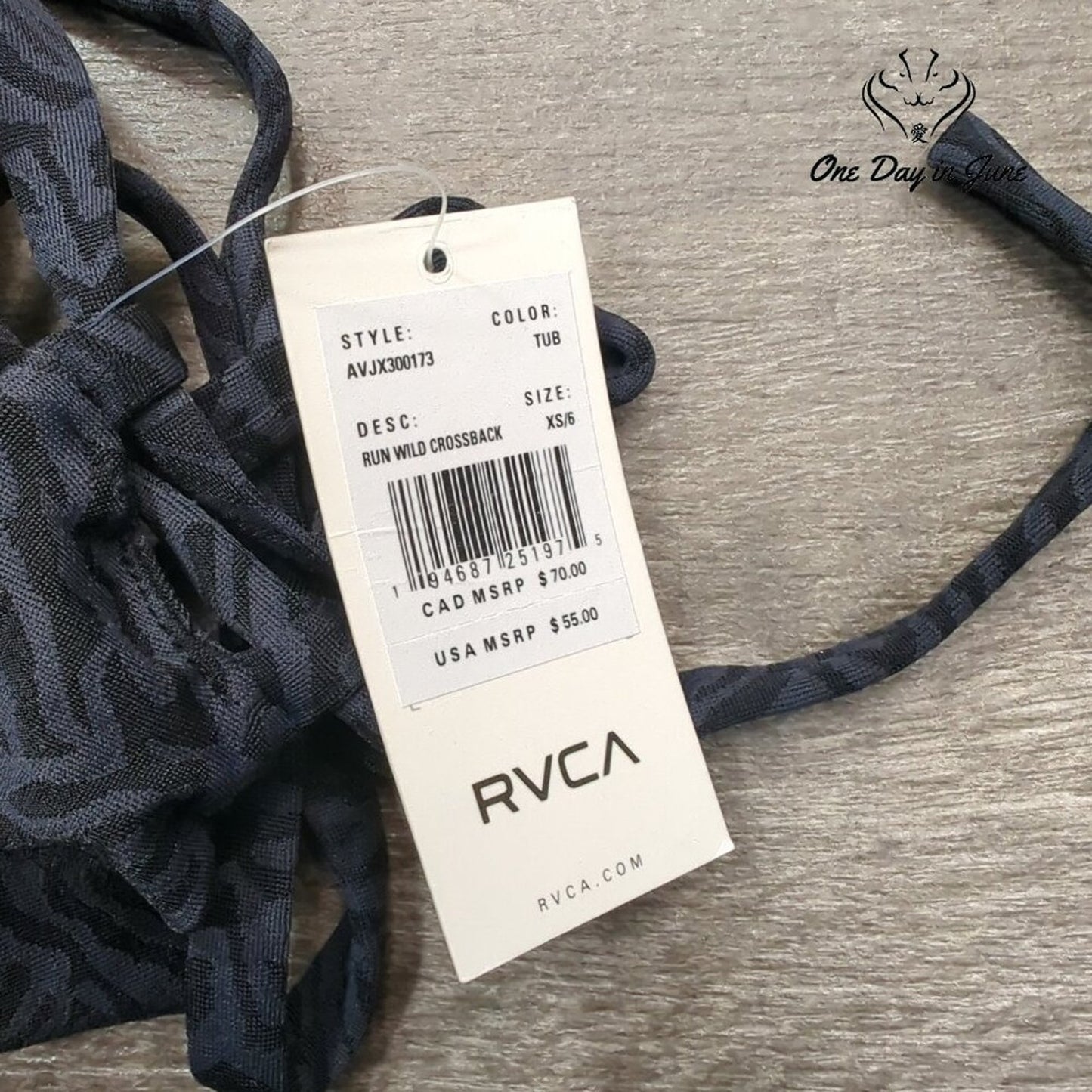 RVCA Run Wild Crossback Bikini Top Black Jacquard Strappy NWT Size XS