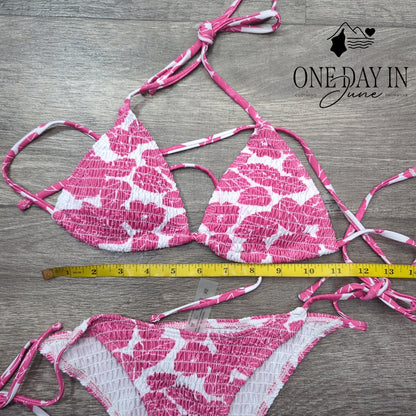 CharmLeaks Smocked Triangle Bikini Swimsuit Pink White Tie Side Size XS