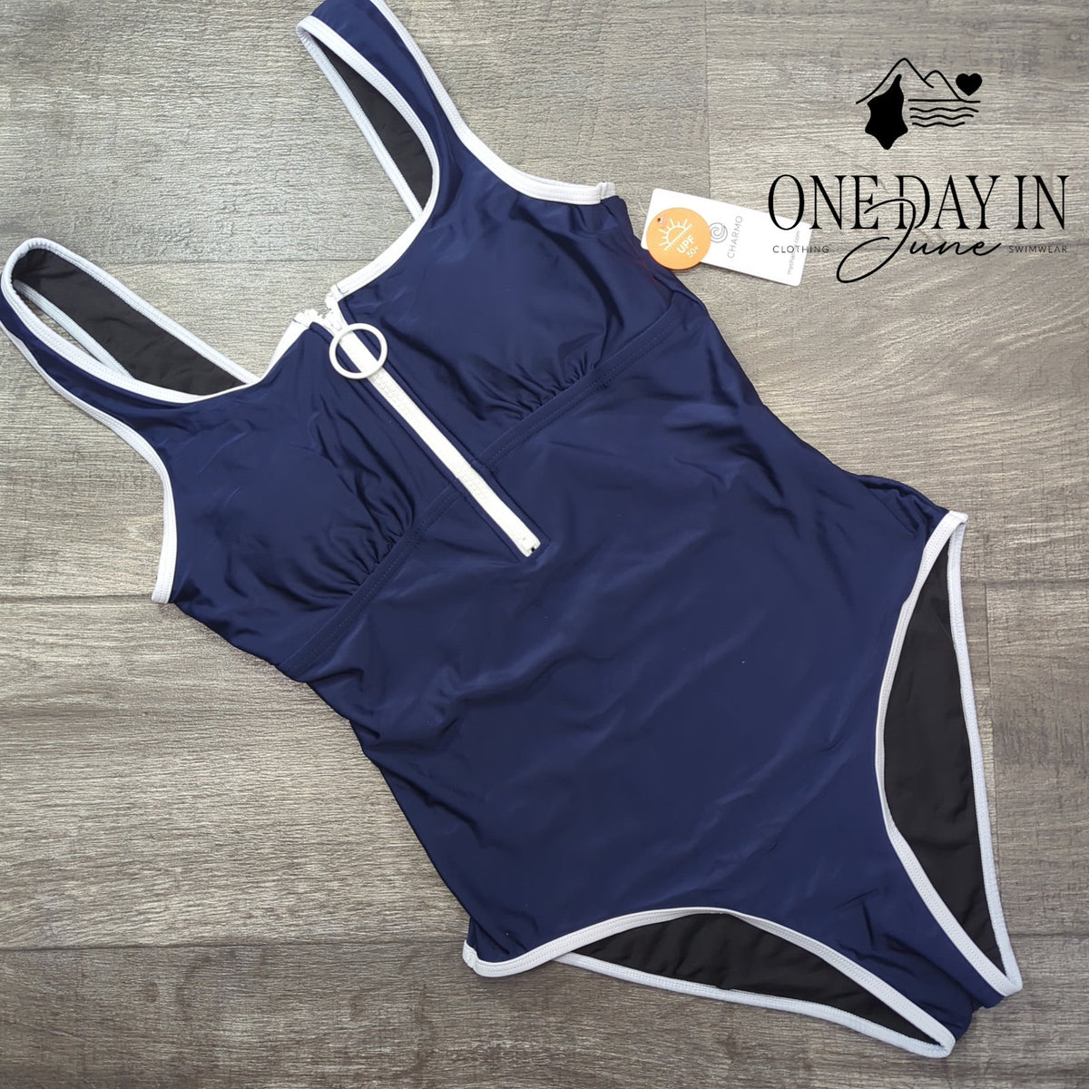 Charmo Half Zip One Piece Swimsuit Navy Blue White Trim NWT Size M