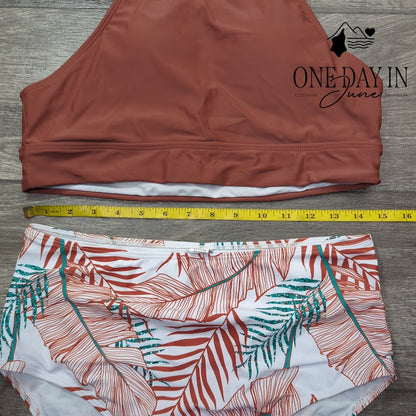 CharmLeaks High Neck High Waist Tropical Bikini Swimsuit Rust Size L