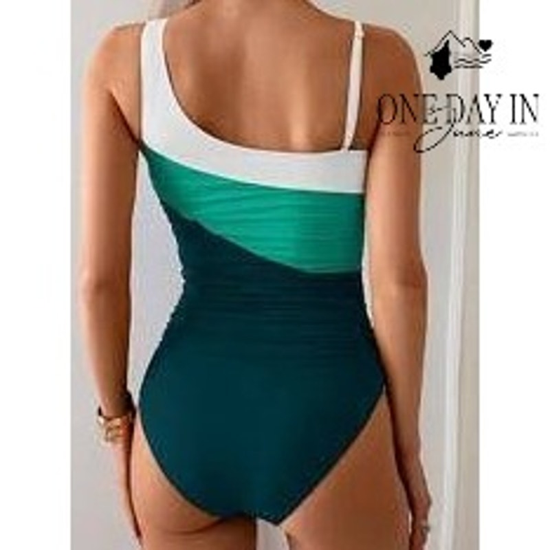 Eomenie One Shoulder One Piece Swimsuit Green White Colorblock NWT Size XL