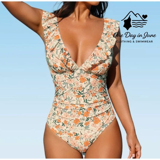 Cupshe Ditsy Daisy Ruffle Lace Up Back One Piece Swimsuit Size S