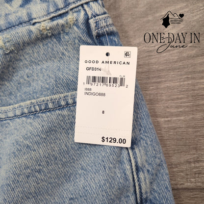 Good American Good Standard Bermuda Shorts Raw Hem Indigo NWT Size 8
