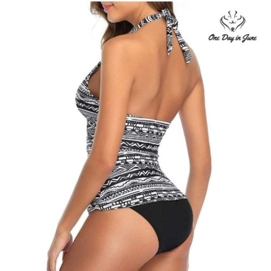 Holipick Sexy Deep V Neck Halter Ruched Tankini Size M