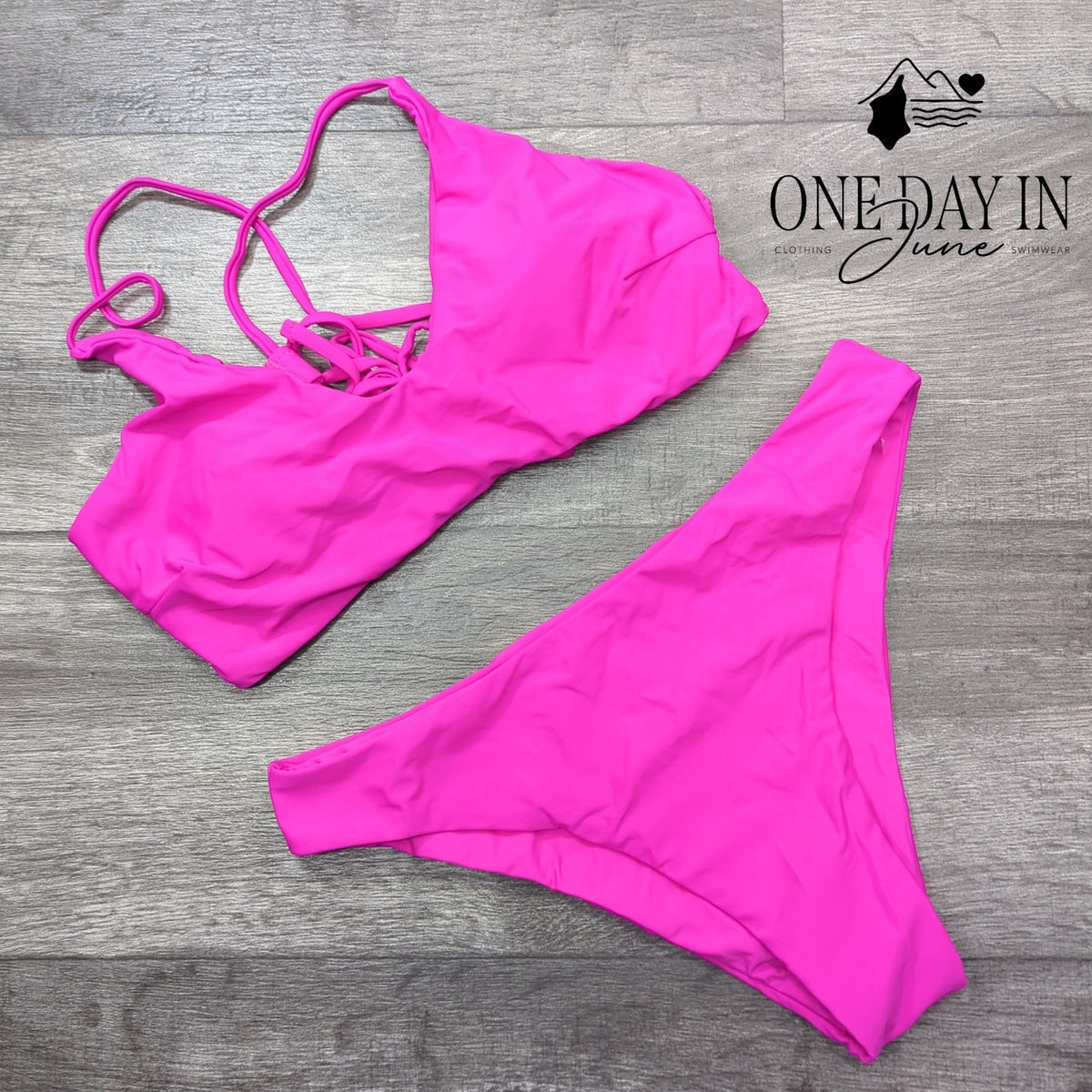 Zaful Lace Up Back Bikini Swimsuit Hot Pink Fuchsia Two Piece Size M
