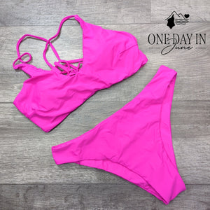 Zaful Lace Up Back Bikini Swimsuit Hot Pink Fuchsia Two Piece Size M