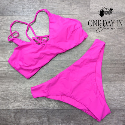 Zaful Lace Up Back Bikini Swimsuit Hot Pink Fuchsia Two Piece Size M