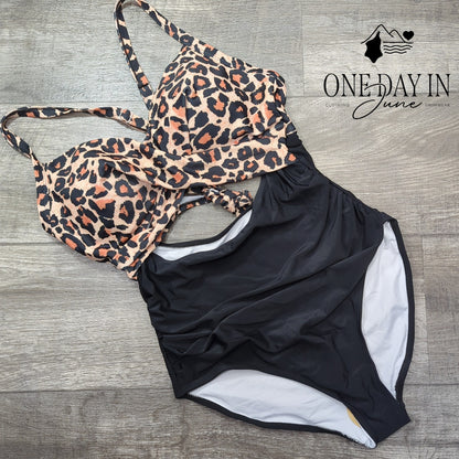 Eomenie Leopard Print Cross Front Cut Out Tie Back One Piece Swimsuit NWT Size L