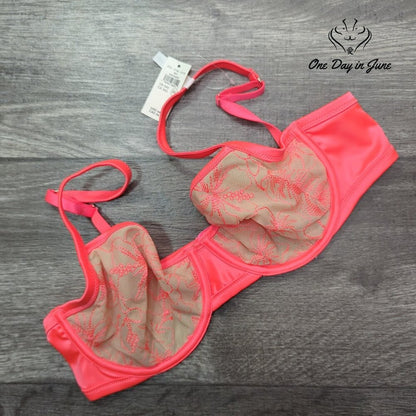 Aerie Underwire Balconette Bra Coral Floral Embroidered Mesh NWT Size 34D