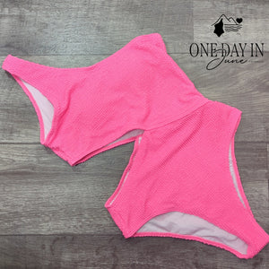 Adisputent One Shoulder Cutout One Piece Swimsuit Hot Pink Smocked Size M