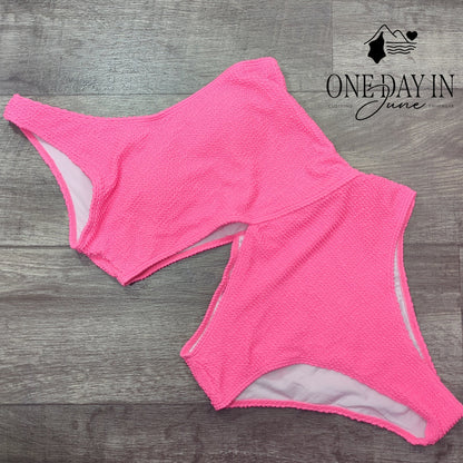 Adisputent One Shoulder Cutout One Piece Swimsuit Hot Pink Smocked Size M