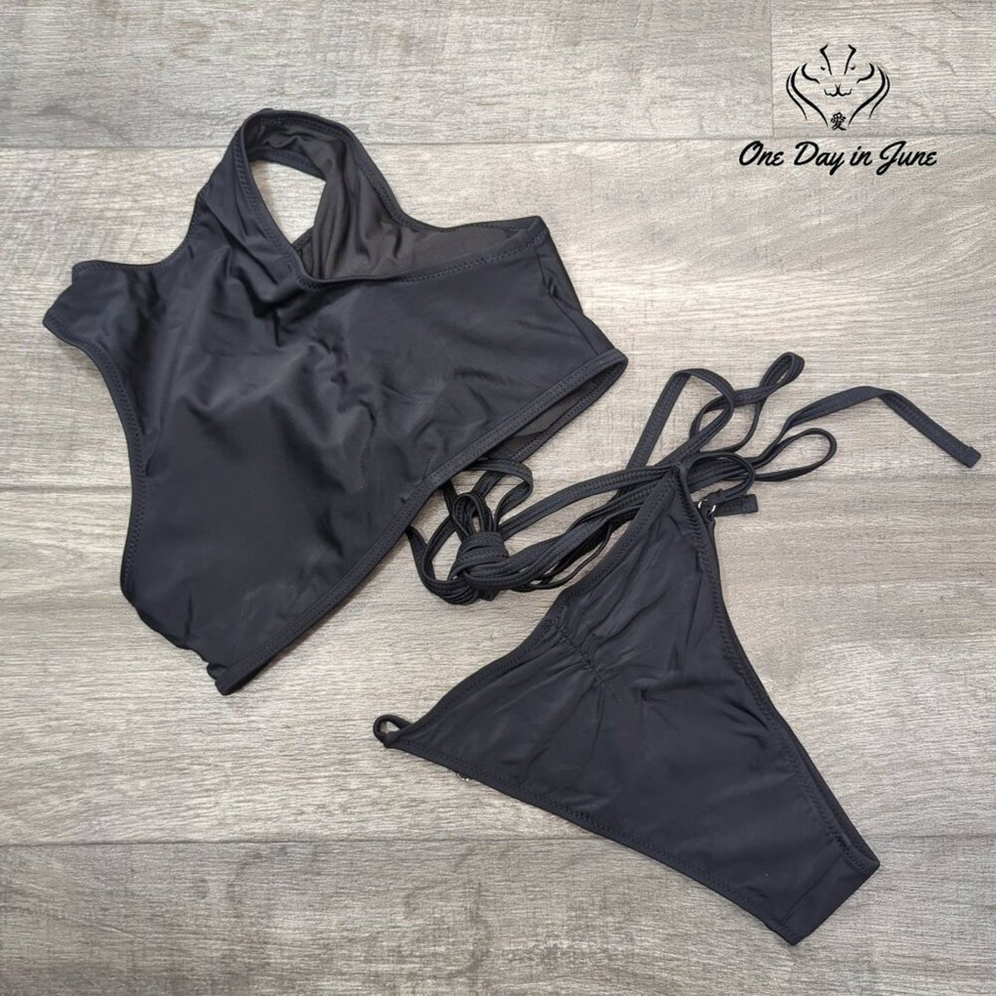 ODIJ Bikini Set Size S Black Padded Crop Top Keyhole Tie Wrap Size S