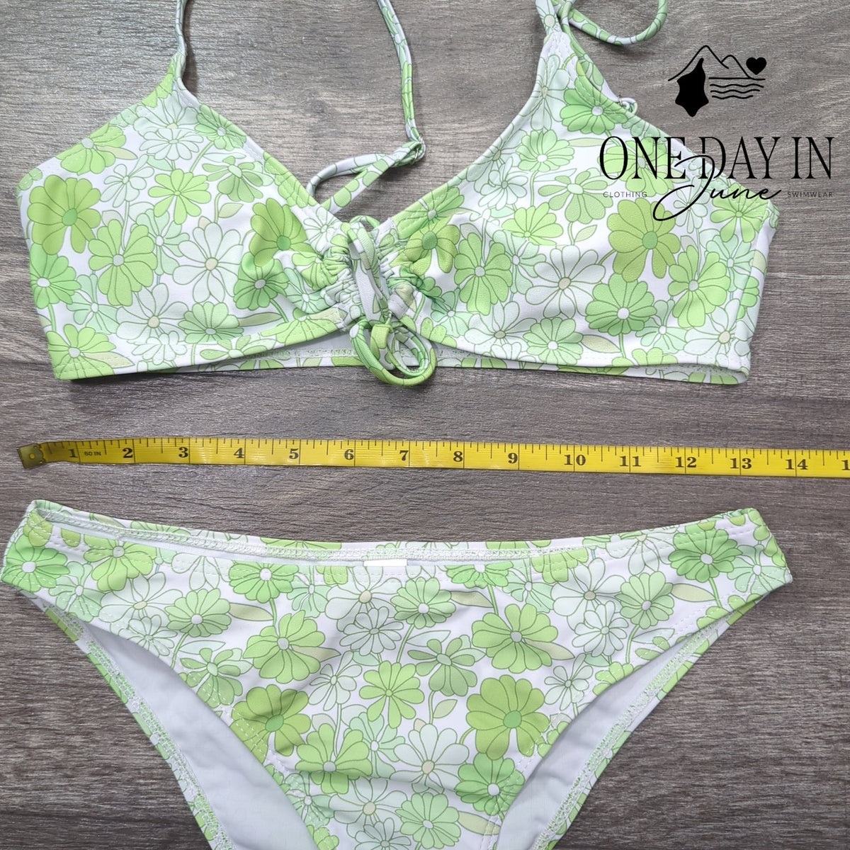 Aleumdr Floral Print Bikini Set Green White Ruched Tie Front 2 Piece Size S