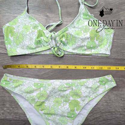 Aleumdr Floral Print Bikini Set Green White Ruched Tie Front 2 Piece Size S