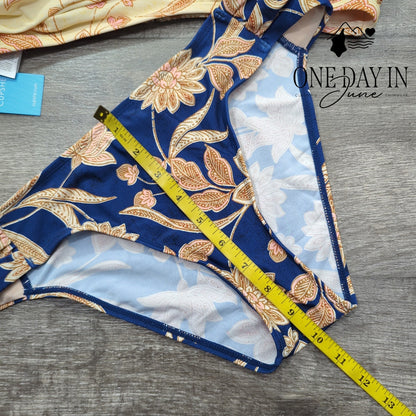 Cupshe Cross Front Bikini Swimsuit Floral Cream Navy Blue Two Piece NWT Size XL
