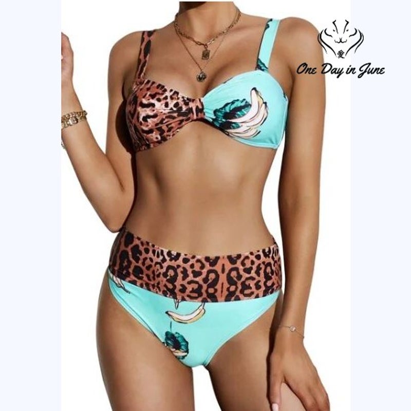 ODIJ Leopard Banana Print Knot Front High Waist Bikini Swimsuit Size XL