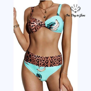 ODIJ Leopard Banana Print Knot Front High Waist Bikini Swimsuit Size XL