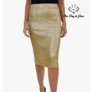 DR2 Daniel Rainn Gold Sequin Pull On Pencil Midi Skirt Lined Size S
