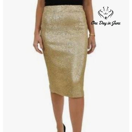 DR2 Daniel Rainn Gold Sequin Pull On Pencil Midi Skirt Lined Size S