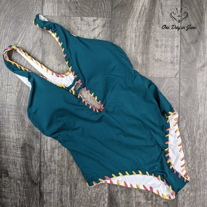 Becca Camille Reversible One Piece Swimsuit Teal White Whipstitch NWT Size S