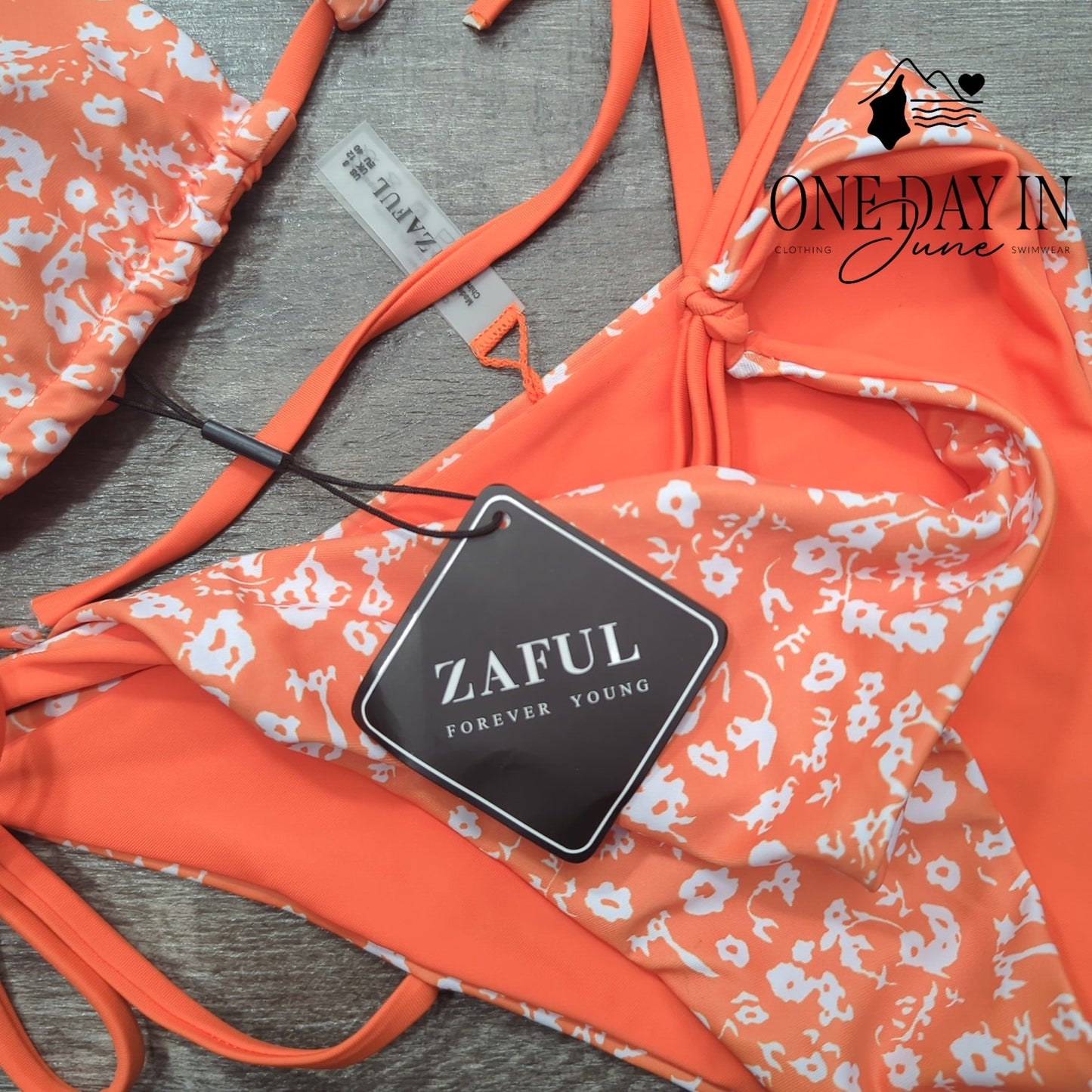 Zaful NWT Floral Triangle Bikini Orange White Tie Side String Swimsuit Size L