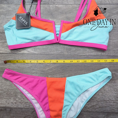 Zaful Ribbed V Wire Bikini Swimsuit Size L
