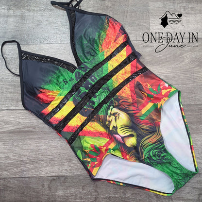 CharmLeaks Rasta Lion Print Halter One Piece Swimsuit Black Mesh NWT Size M