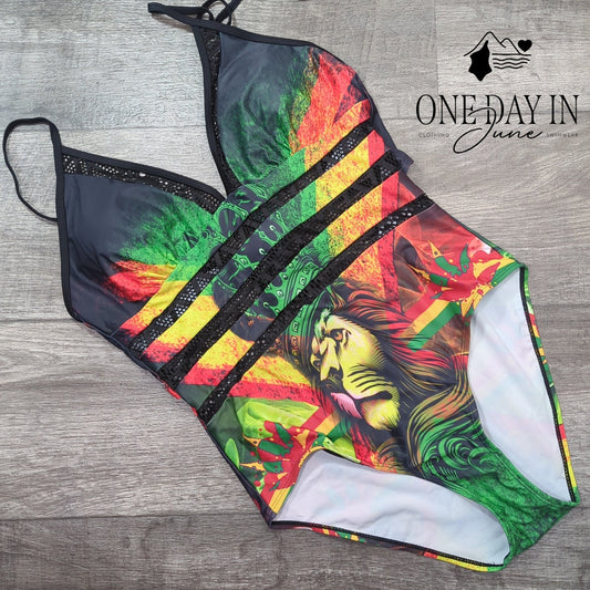 CharmLeaks Rasta Lion Print Halter One Piece Swimsuit Black Mesh NWT Size M