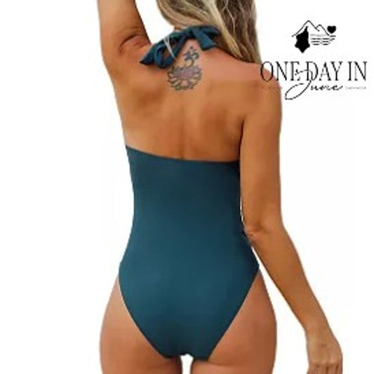 Aleumdr Cross Front Halter One Piece Swimsuit Teal Blue Ruched Size M