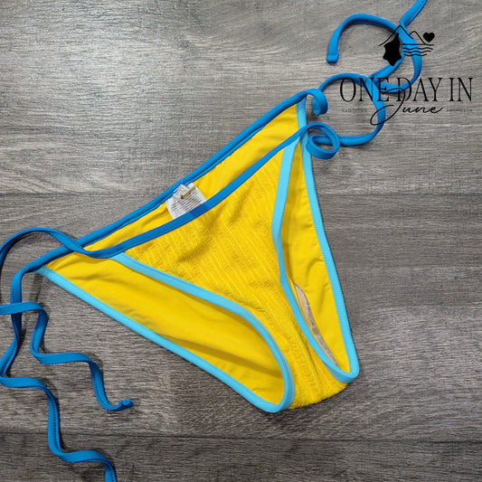 Becca Ribbed Tie Side Bikini Bottom Yellow Blue Size XS