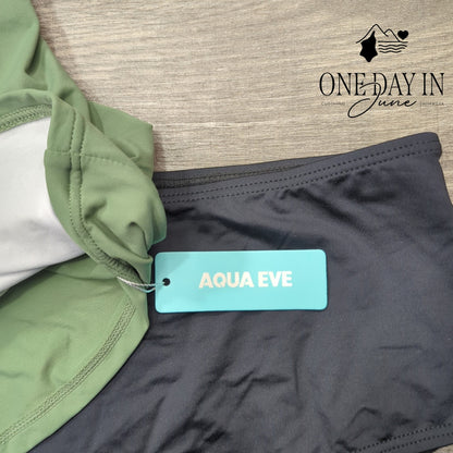 Aqua Eve Bandeau Tankini Swimsuit Green Black Tummy Control NWT Size L