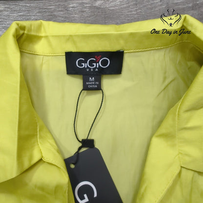 GiGiO Sleeveless Wrap Blouse Neon Yellow Collared Ruffle Peplum NWT Size M