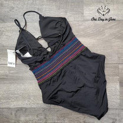 Bar III Smocking Solids Plunging V One Piece Swimsuit Black NWT Size XS
