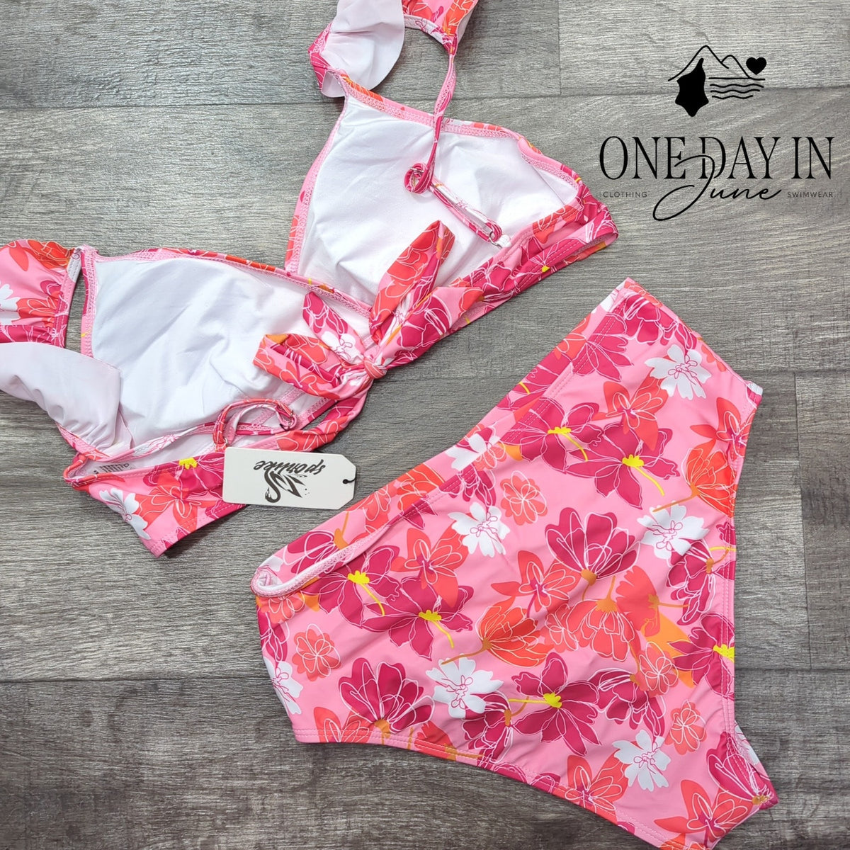 Sporlike Floral Ruffle Shoulder High Waist Bikini Swimsuit Pink NWT Size L