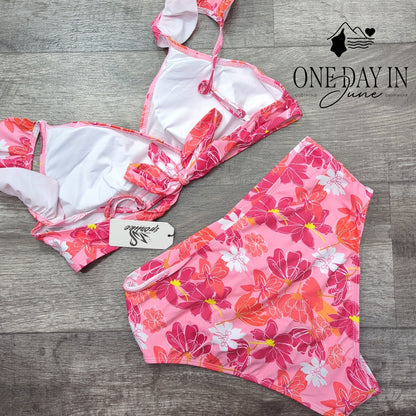 Sporlike Floral Ruffle Shoulder High Waist Bikini Swimsuit Pink NWT Size L