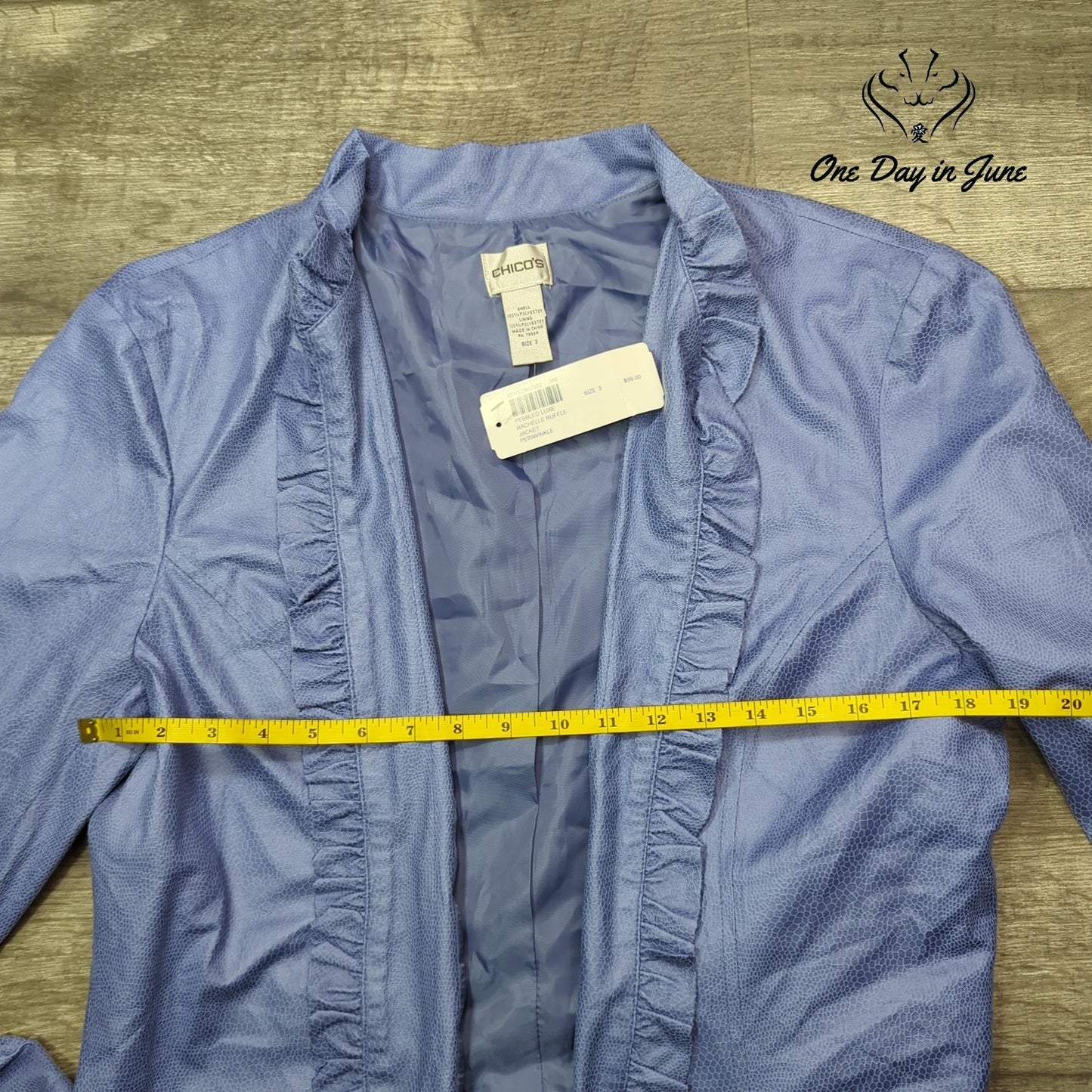 Chico's Pebbled Luxe Rachelle Ruffle Jacket Periwinkle NWT $99 Size 3 (16)