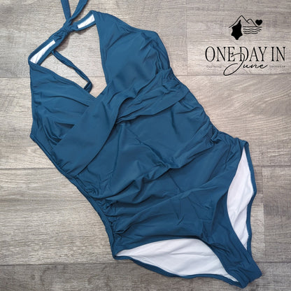 Suuksess Cross Front Halter One Piece Swimsuit Teal Blue Size M