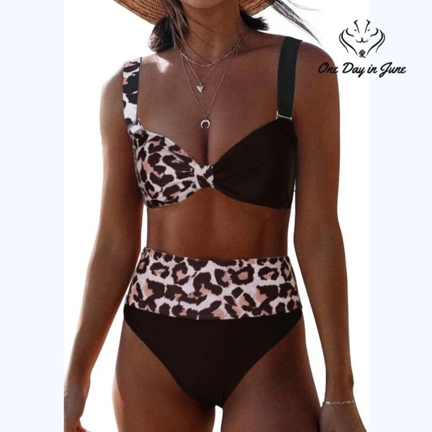 ODIJ Colorblock  Leapoard Knot Bikini Swimsuit Size L