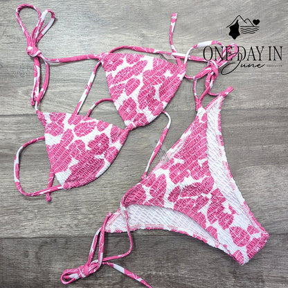 CharmLeaks Smocked Triangle Bikini Swimsuit Pink White Tie Side Size XS