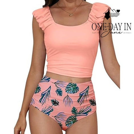 Eomenie Plus Size Ruffle Shoulder Tankini Swimsuit Tropical NWT Size 2XL