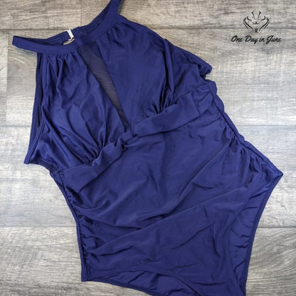 Tempt Me High Neck Plunge Mesh Ruched Monokini Size M