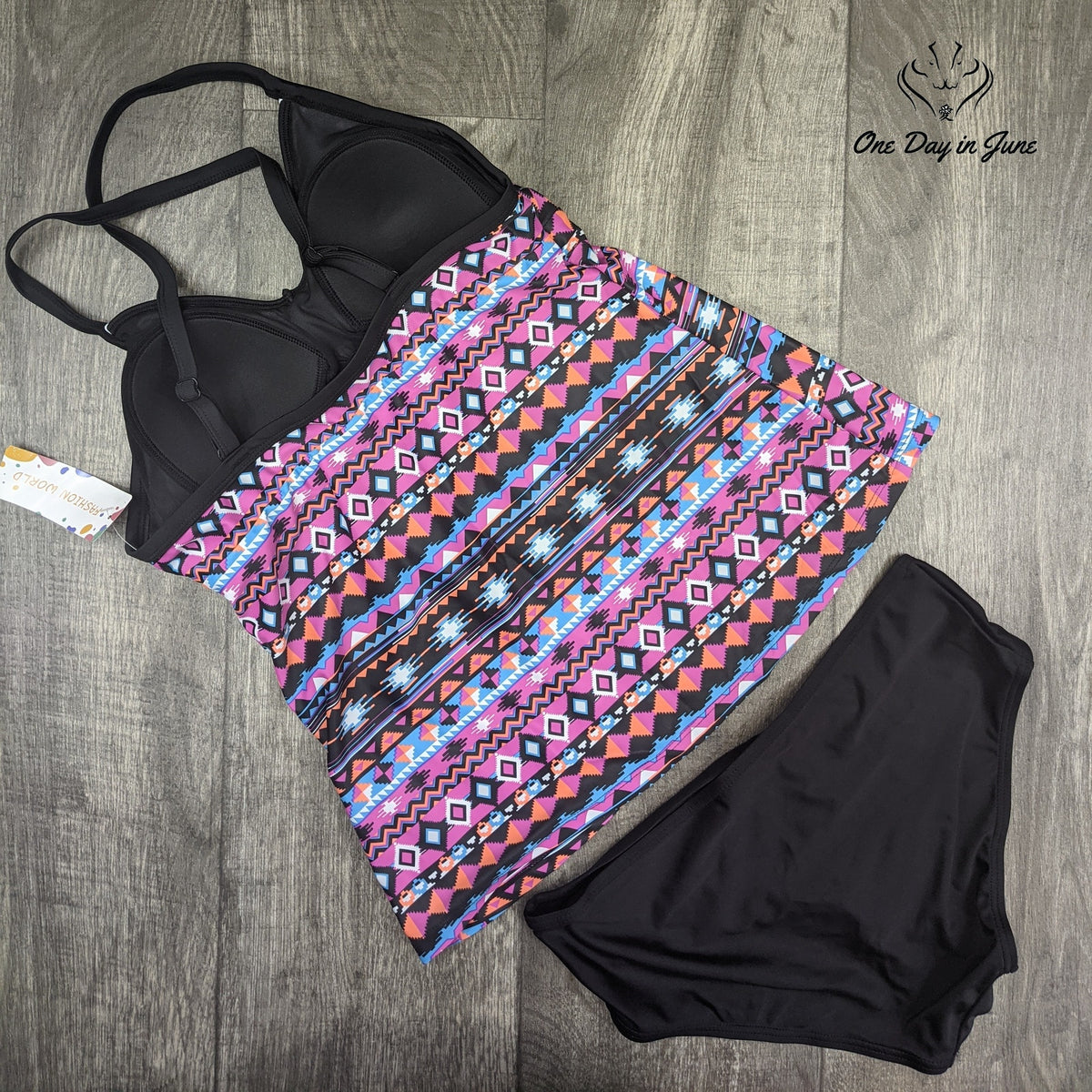 ALove Tribal Geometric Print Tankini Swimsuit Pink Blue Black Size L